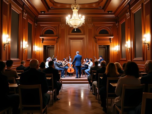 Exclusive private concert in the ornate Founder's Lounge at the Stanley Theater with intimate lighting and historical surroundings