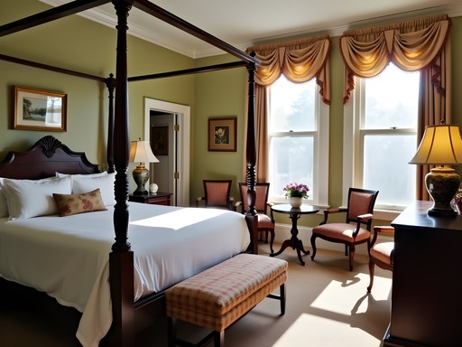 Elegant four-poster bed in the premium suite at The Rosemont Inn featuring original architectural details and luxury linens
