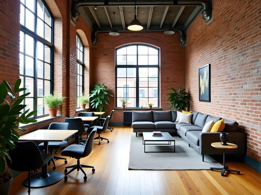 Elegant coworking space at Thimble Tailor featuring exposed brick, ergonomic furniture, and architectural details