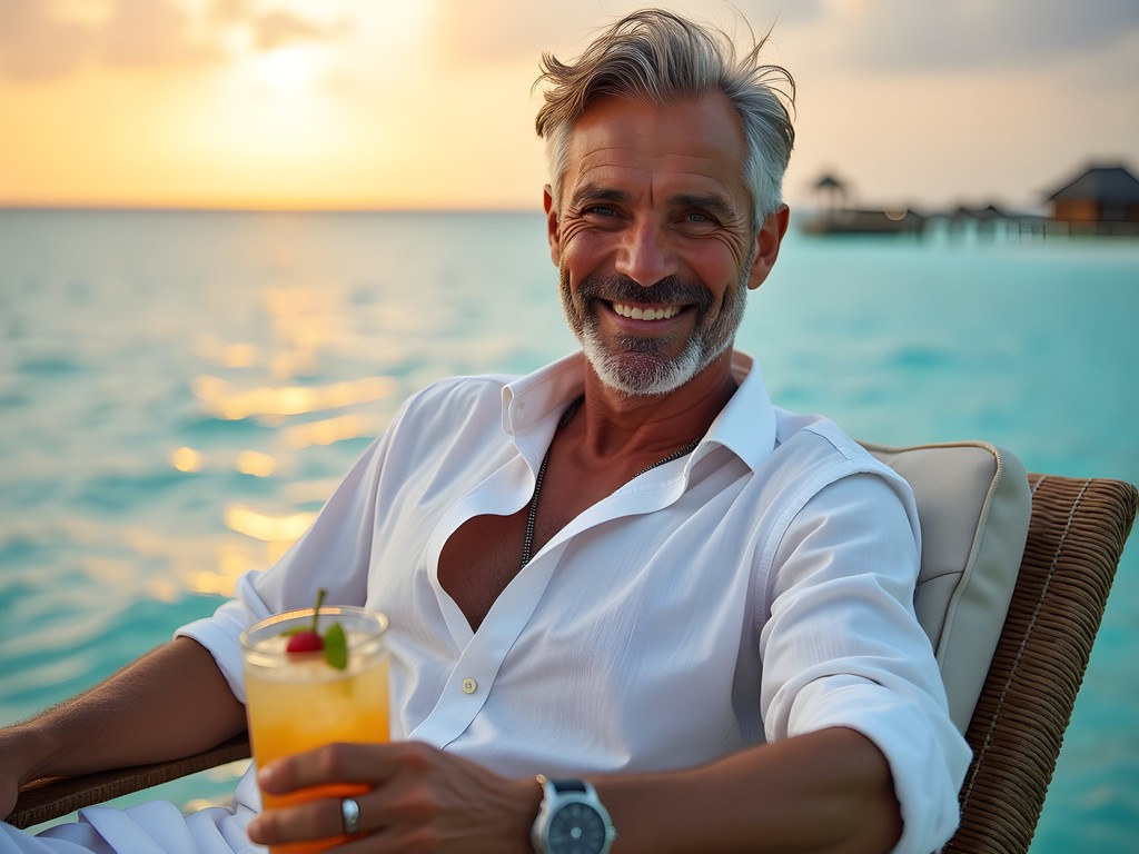 Alex Stephens relaxing on overwater villa deck with drink watching sunset in Maldives