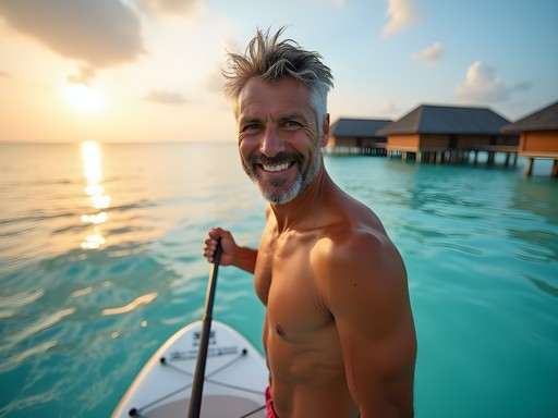 Alex Stephens paddleboarding at sunrise over crystal clear Maldivian waters