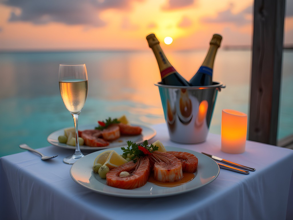 Private overwater dining platform at sunset in the Maldives with gourmet meal