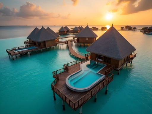 Luxury overwater villa with private infinity pool in the Maldives at sunset