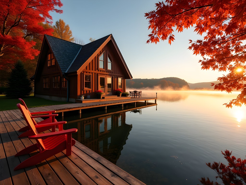 Luxury lakefront cottage at Basin Harbor Resort with fall foliage reflections on Lake Champlain