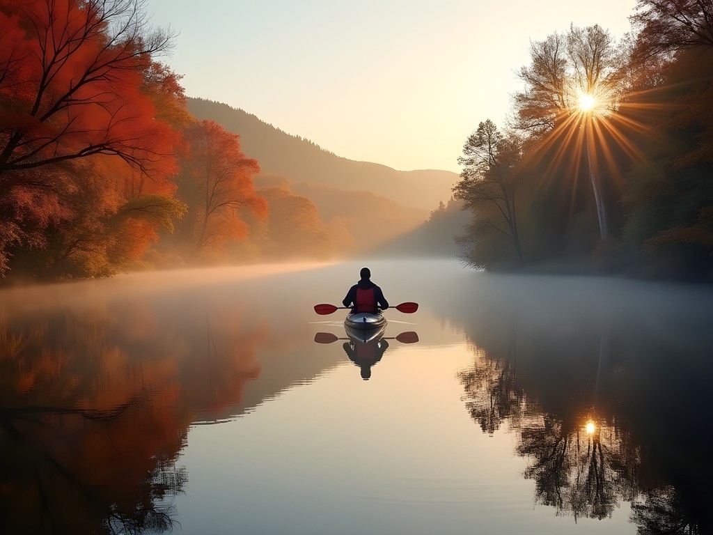Luxury kayaking experience on Otter Creek in Vergennes during peak fall foliage at sunrise