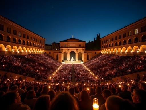Nighttime opera performance at Arena di Verona amphitheater with candlelit audience