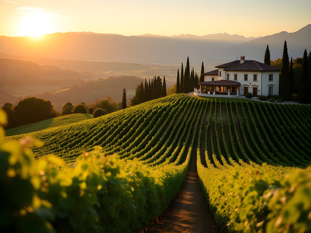 Luxury wine estate in Valpolicella with vineyards at sunset and mountains in background