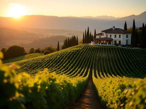 Luxury wine estate in Valpolicella with vineyards at sunset and mountains in background