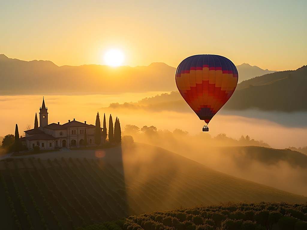 Hot air balloon floating over Valpolicella vineyards near Verona at sunrise