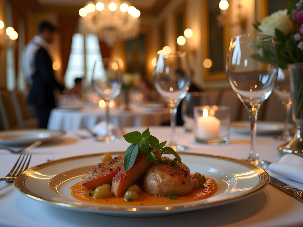 Elegant period dining room at Alain Ducasse restaurant in Versailles with servers in 18th-century attire