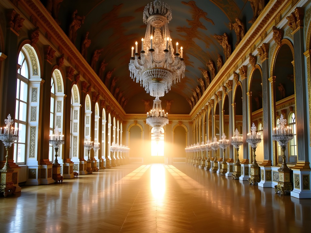 Empty Hall of Mirrors during private morning tour at Versailles Palace