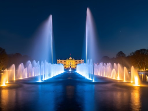Illuminated fountains and gardens during Versailles' Grandes Eaux Nocturnes night show