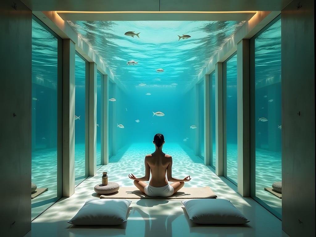 Underwater meditation room with glass walls surrounded by tropical fish at luxury resort in Victoria, Seychelles