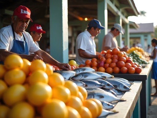 Early morning at Sir Selwyn Selwyn-Clarke Market in Victoria, Seychelles with fresh seafood and tropical produce
