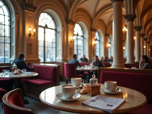 Elegant interior of Café Central Vienna with marble columns and vaulted ceilings