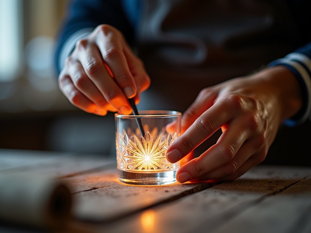 Artisan crafting crystal glassware at historic Lobmeyr workshop in Vienna