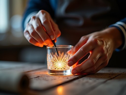 Artisan crafting crystal glassware at historic Lobmeyr workshop in Vienna