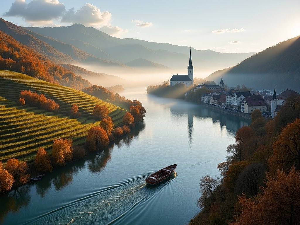 Private boat cruise on the Danube through Wachau Valley vineyards in autumn