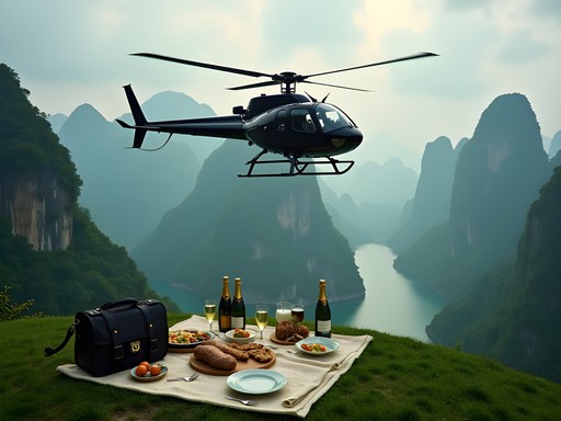 Private helicopter approaching remote karst formation for exclusive climbing expedition in Yangshuo