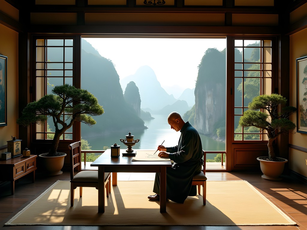 Exclusive private calligraphy lesson with Master Huang in traditional studio overlooking Yulong River and karst mountains