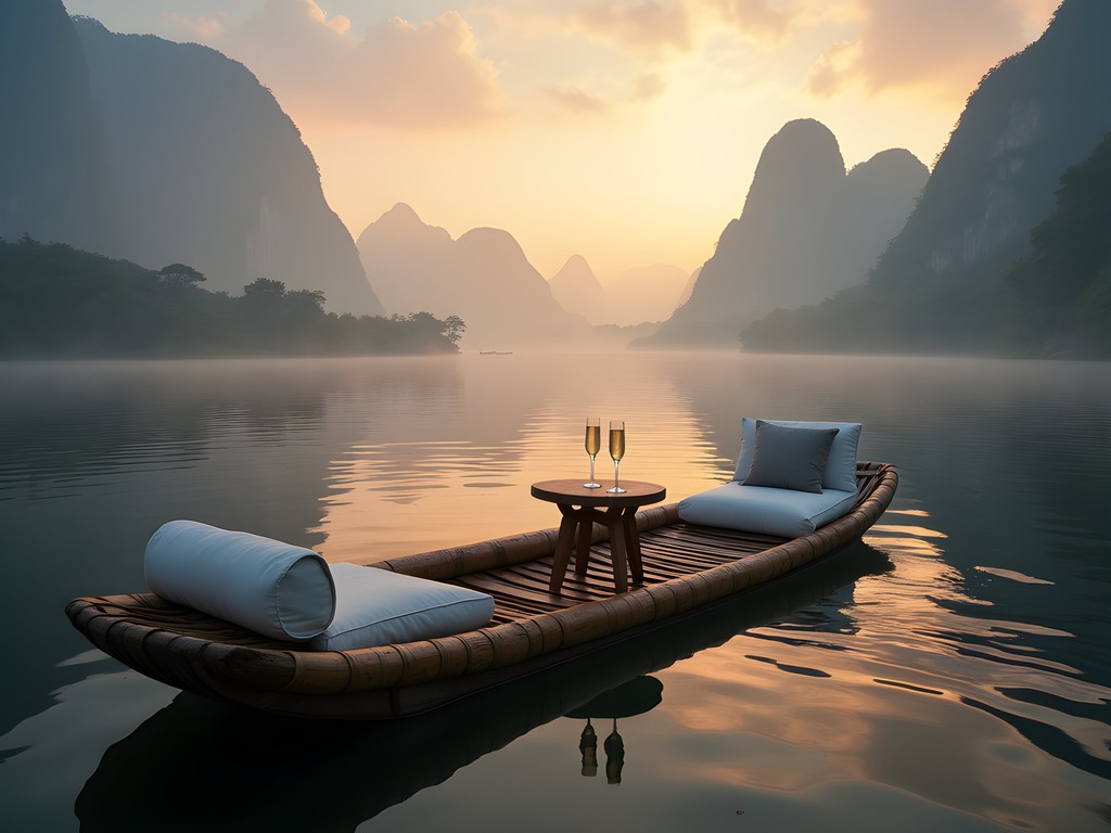 Exclusive private bamboo raft experience on Li River at dawn with mist surrounding karst mountains