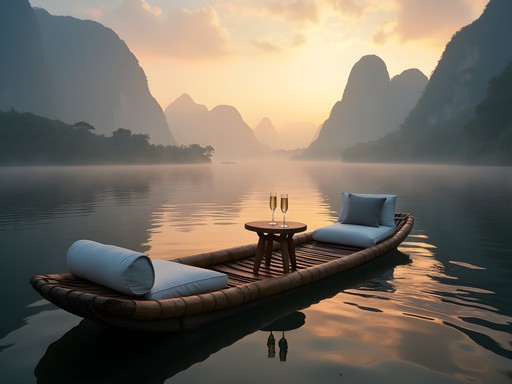 Exclusive private bamboo raft experience on Li River at dawn with mist surrounding karst mountains
