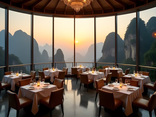 Exclusive rotating restaurant platform on mountain peak with panoramic views of Yangshuo karst landscape at sunset