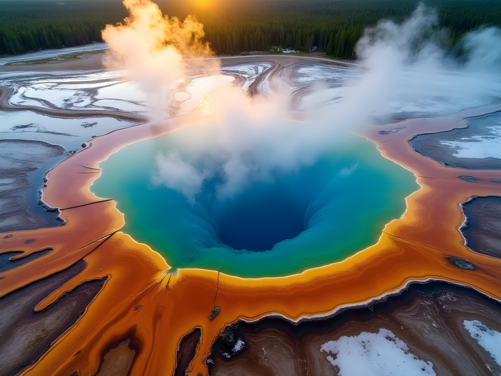 Grand Prismatic Spring at dawn with steam rising and vibrant colors