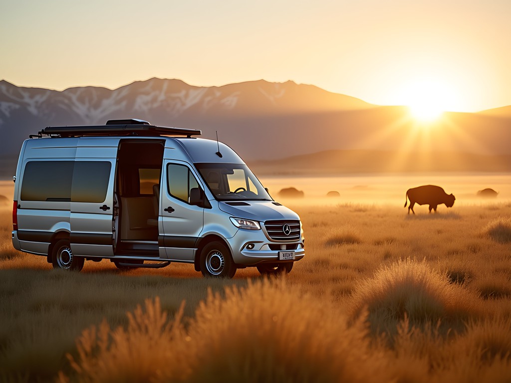 Luxury safari vehicle for wildlife viewing in Lamar Valley with bison herd in distance