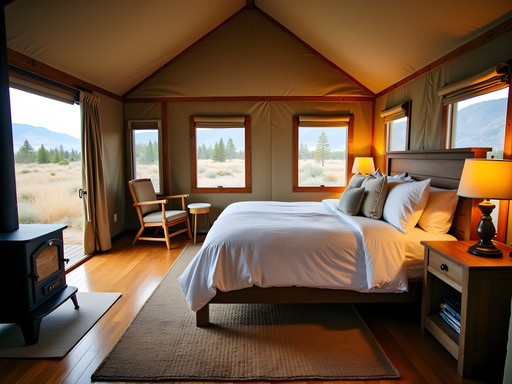 Interior of luxury glamping tent at Yellowstone with king bed and wooden furnishings