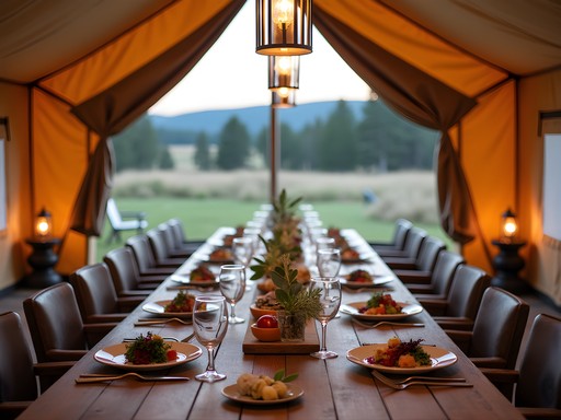 Elegant outdoor dining setup at glamping site with gourmet food and wilderness views