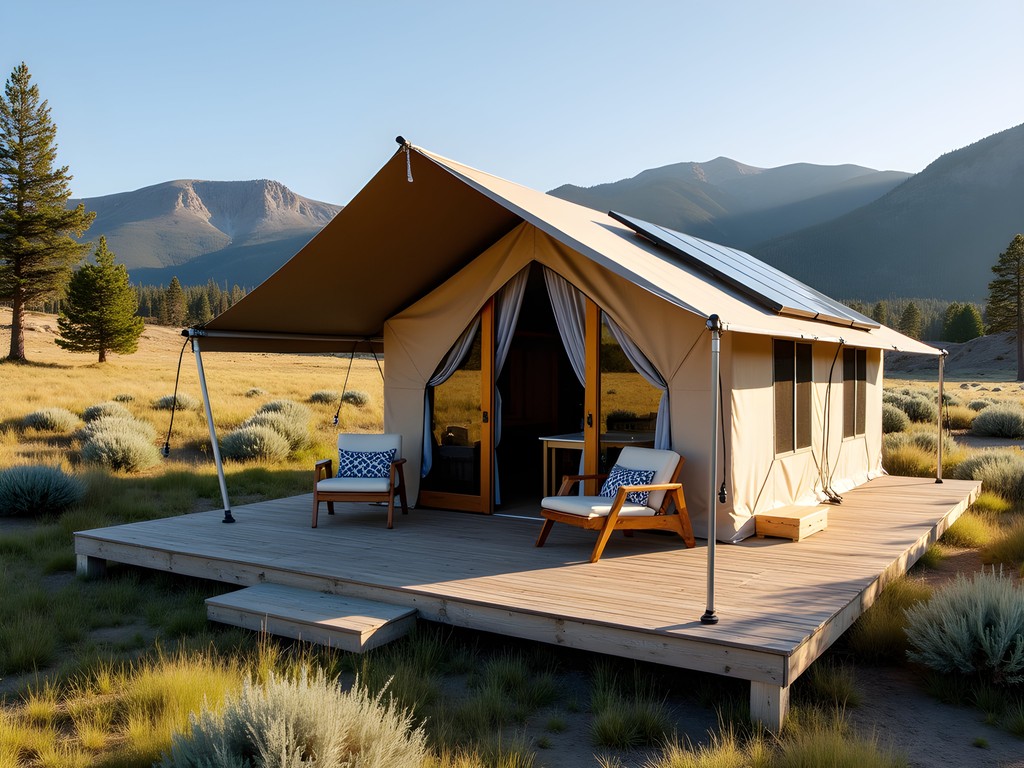Eco-friendly glamping tent with solar panels and sustainable design elements
