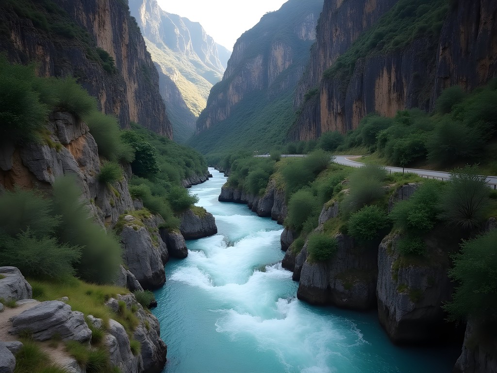 Los Sosa River carving through dramatic canyon with historic road visible