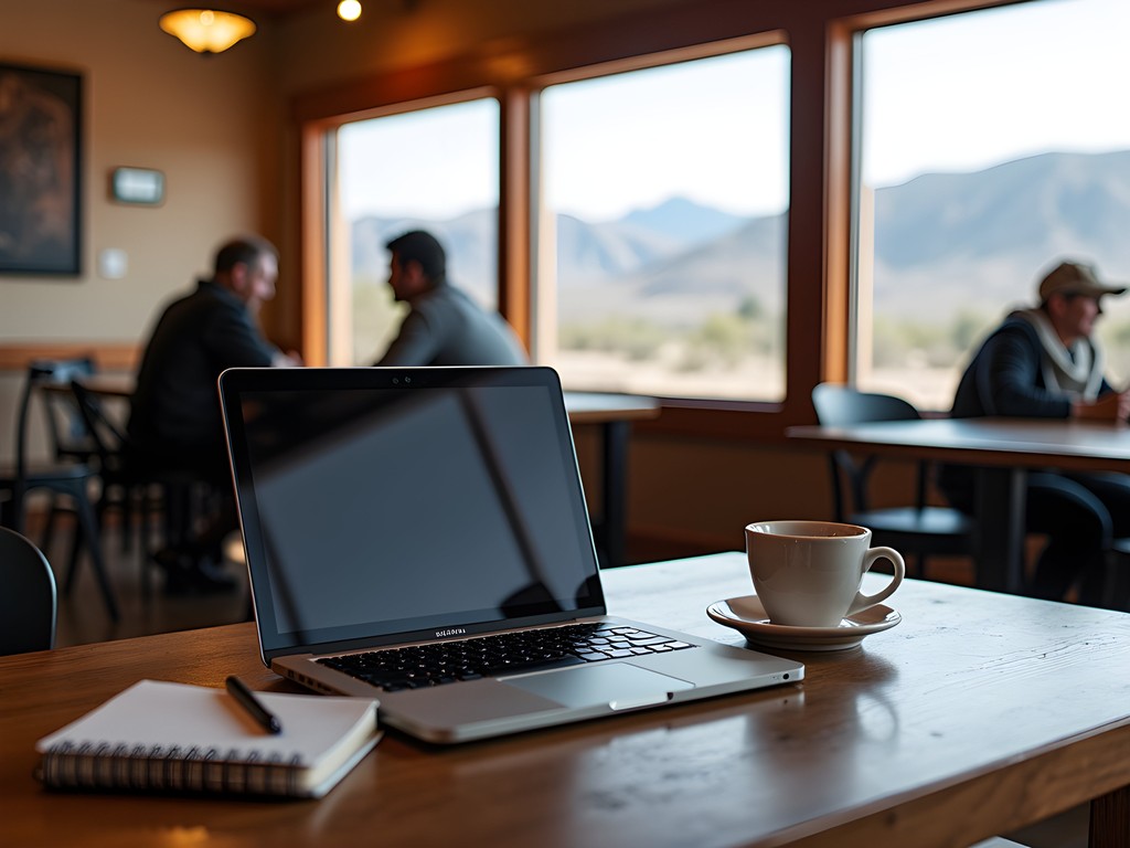 Remote work setup at local café in Alamogordo with mountain views