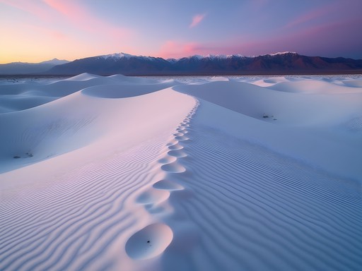 Pristine sand ripples at White Sands National Park at sunrise with Sacramento Mountains in background