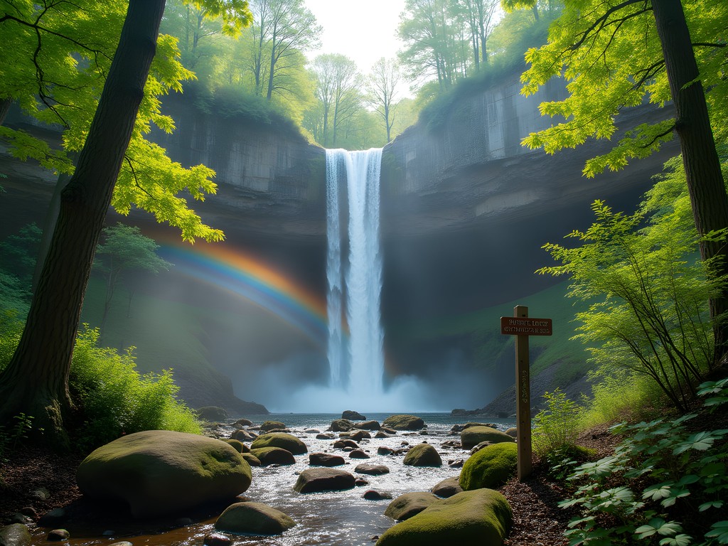Amicalola Falls cascading through spring forest with Appalachian Trail approach marker