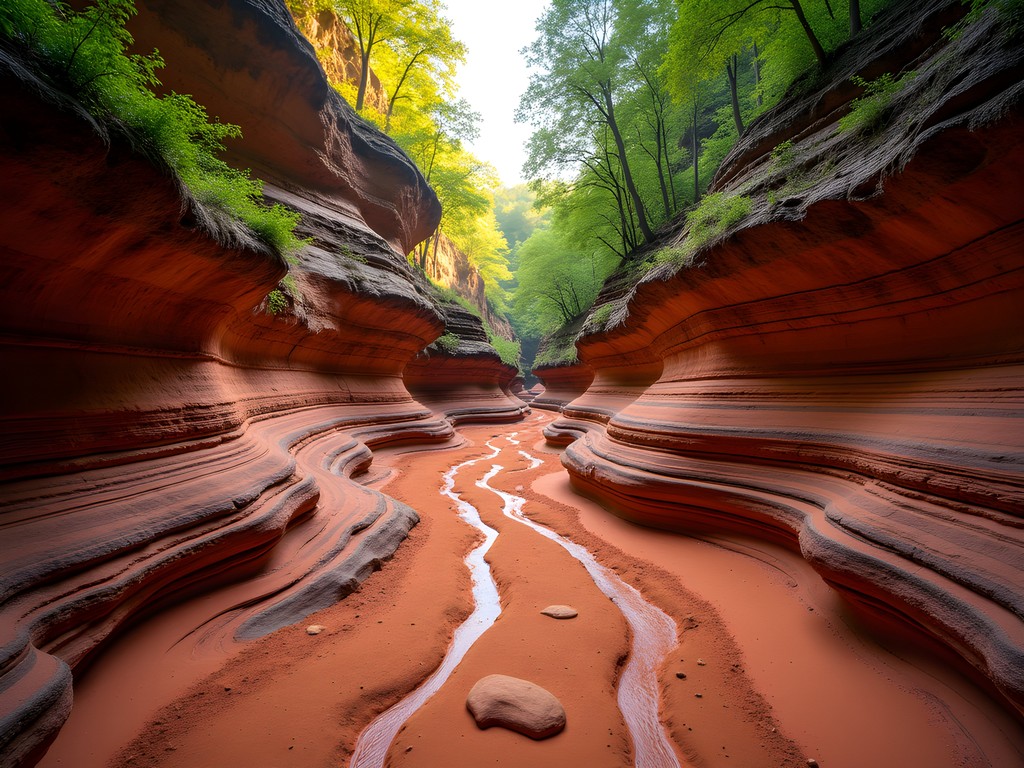 Vibrant red and orange soil layers of Providence Canyon State Park in spring with new green vegetation