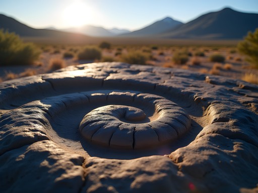 Ancient spiral petroglyph carved on dark volcanic rock at Petroglyph National Monument