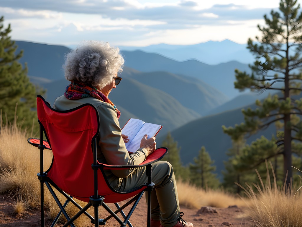 Woman journaling on Sandia Crest Trail with panoramic mountain views