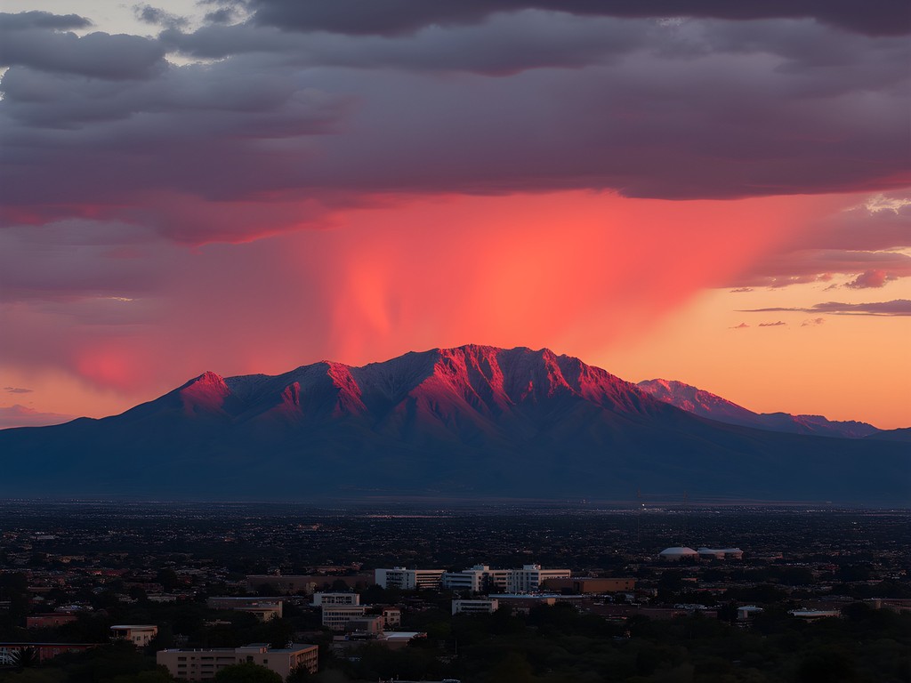 Sandia Mountains glowing pink at sunset over Albuquerque cityscape