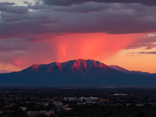 Sandia Mountains glowing pink at sunset over Albuquerque cityscape