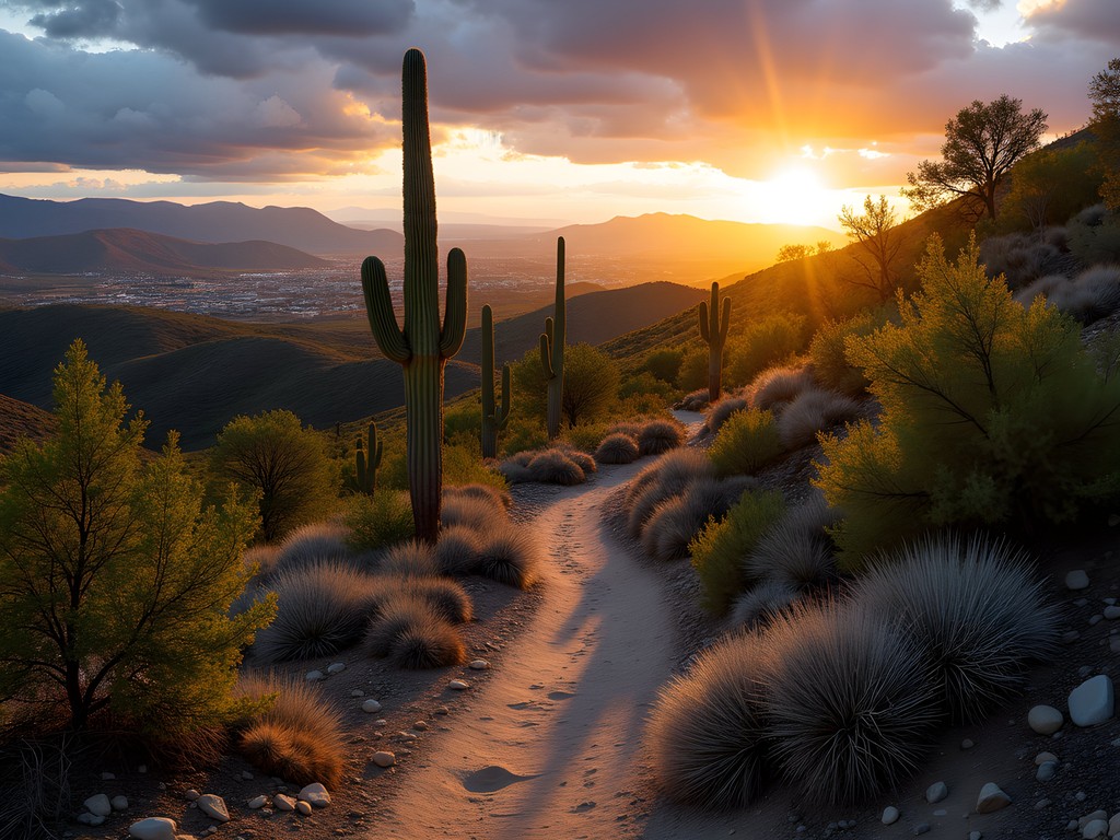 Woman with purple-highlighted hair recording sounds on Sandia Foothills trail with portable audio equipment at sunrise