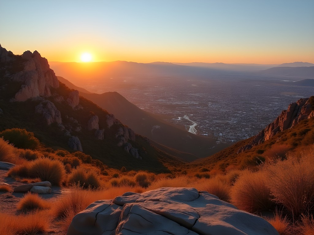 Sunrise view of Albuquerque from La Luz Trail in Sandia Mountains with golden light illuminating the city below