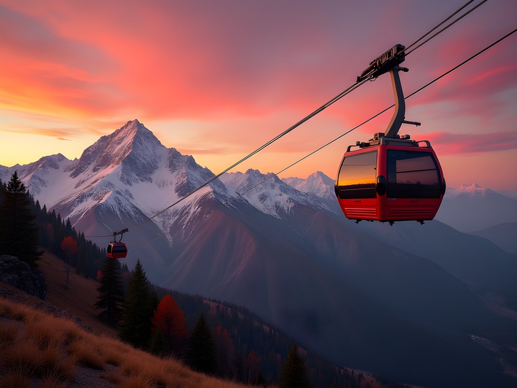 Sandia Peak Tramway cable car ascending with dramatic sunset colors illuminating the mountain face