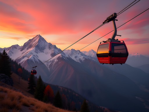Sandia Peak Tramway cable car ascending with dramatic sunset colors illuminating the mountain face