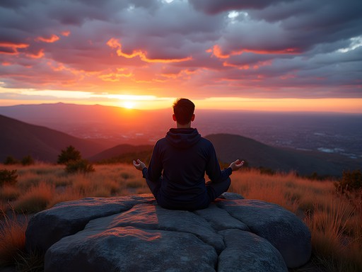 Korean-American woman with purple-highlighted hair in space buns meditating at Sandia Crest during sunset with panoramic view