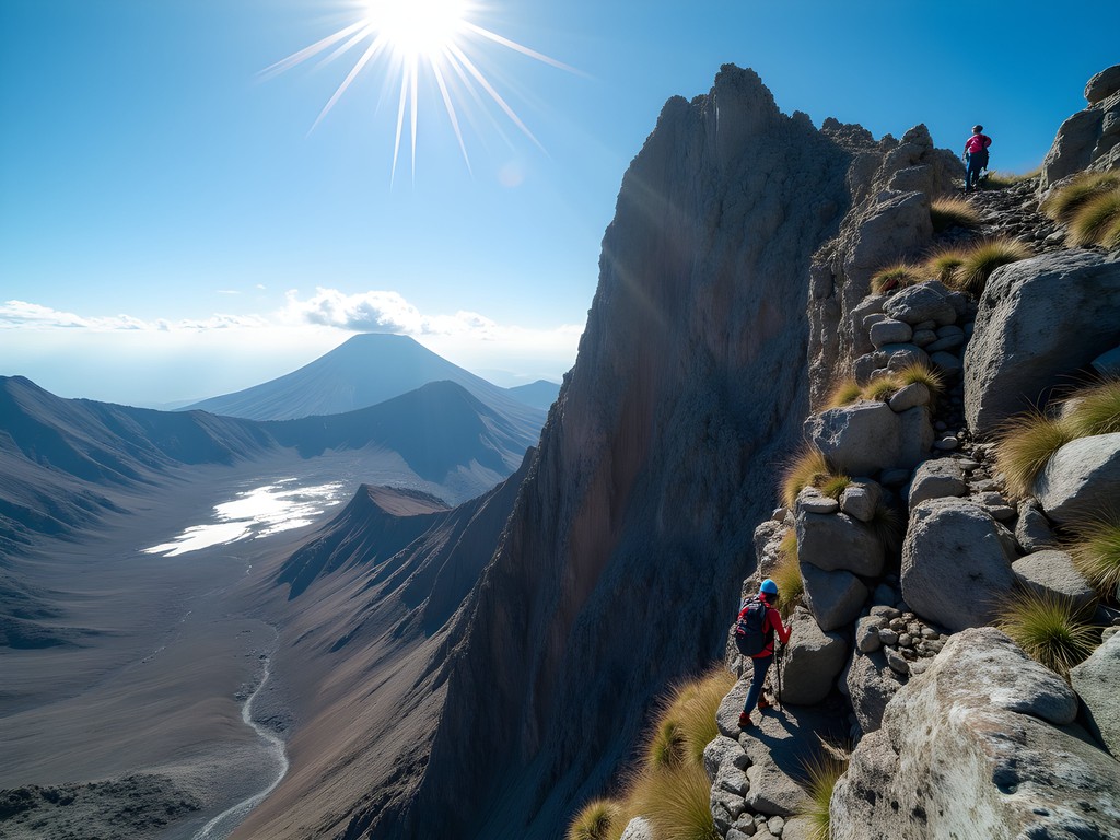 Hikers scrambling up rocky volcanic ridge on Carihuairazo mountain Ecuador