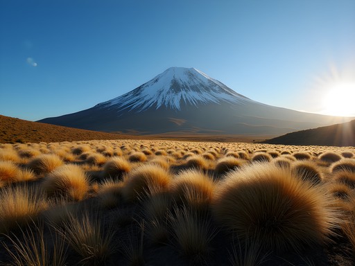 Chimborazo volcano rising above golden páramo grasslands near Ambato Ecuador