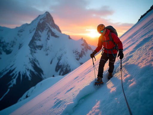Mountain climber ascending steep ice slope on Chimborazo volcano Ecuador at sunrise