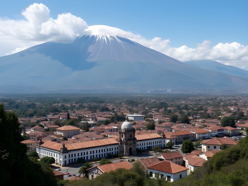 Ambato Ecuador city view with volcanic mountains in background